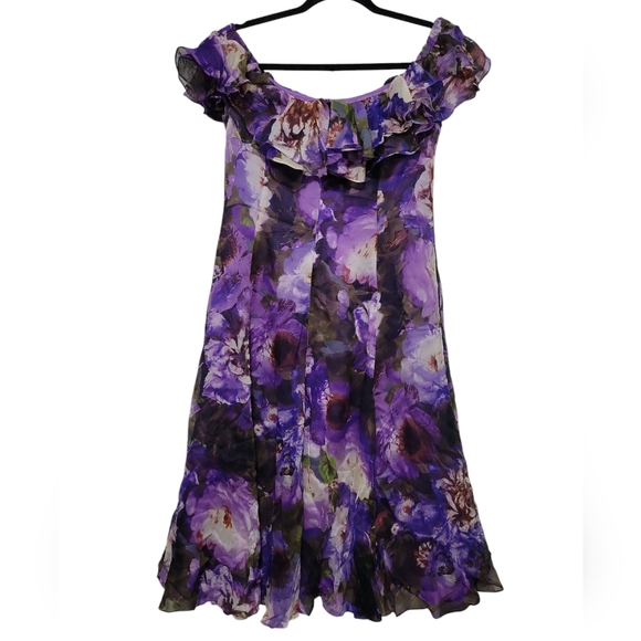 Lauren Ralph Lauren Ruffle Purple Floral Off Shoulder Dress Size 10 - Picture 3 of 5